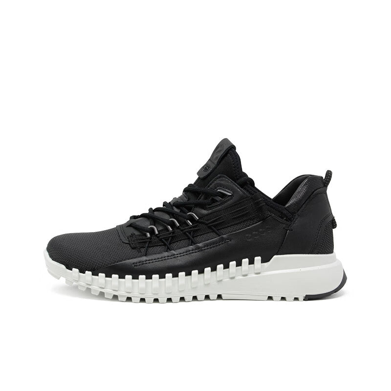 Men's black zip-top sneakers, side view with lace-up detailing and white tread sole