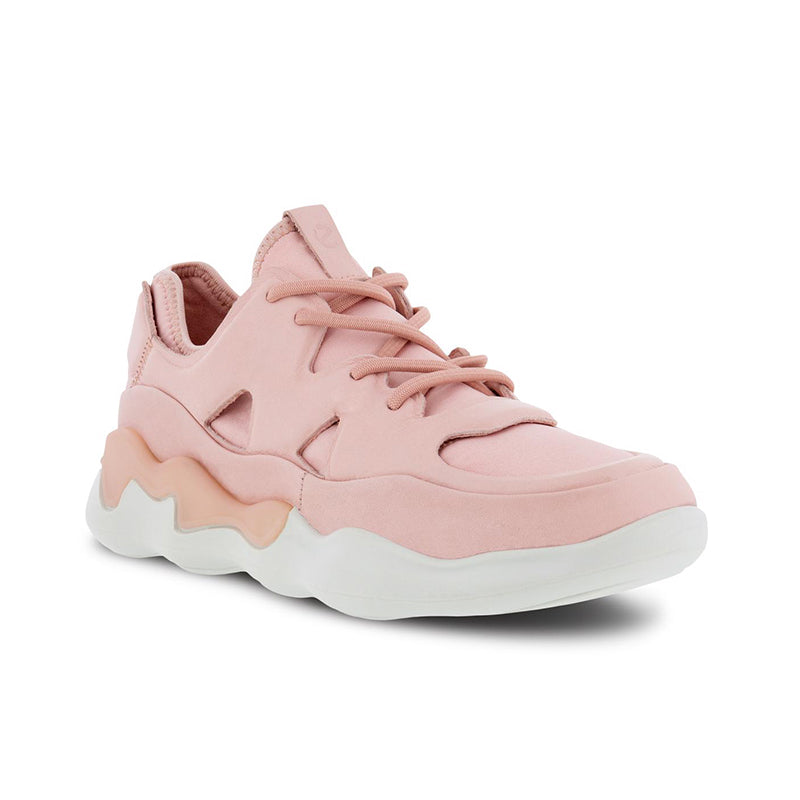 Pink leather women’s sneakers with lace-up front and cushioned white sole