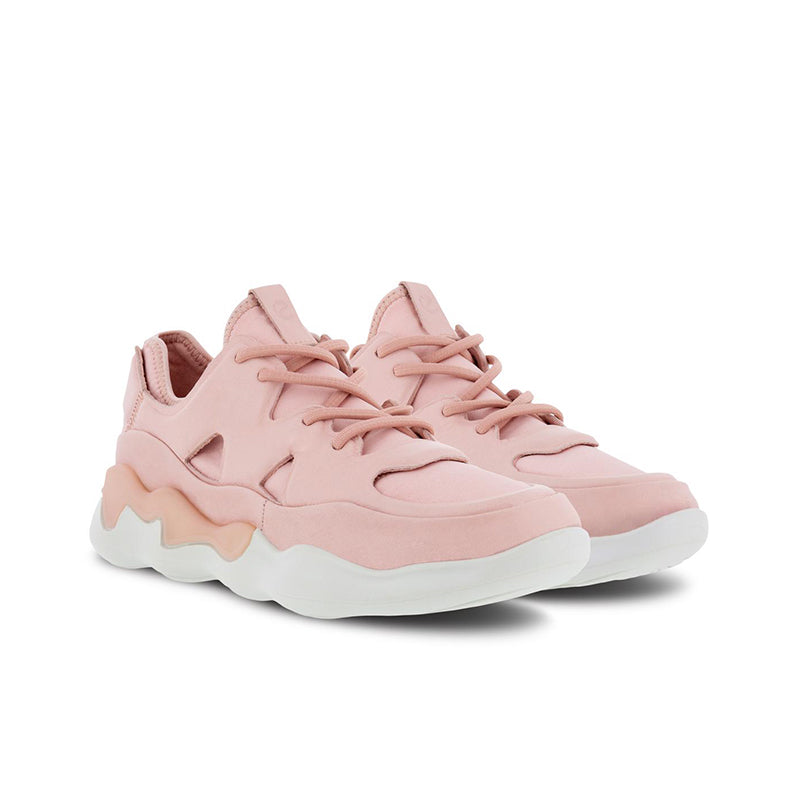 Pink leather sneakers with lace-up closure and thick wave-pattern sole