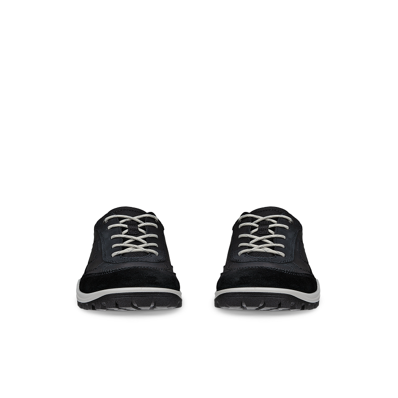 Black women's sneakers, front view, lace-up with low-profile rubber sole