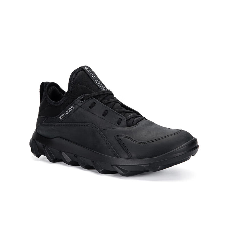 Men's black leather lace-up sneakers with padded collar and chunky rubber sole