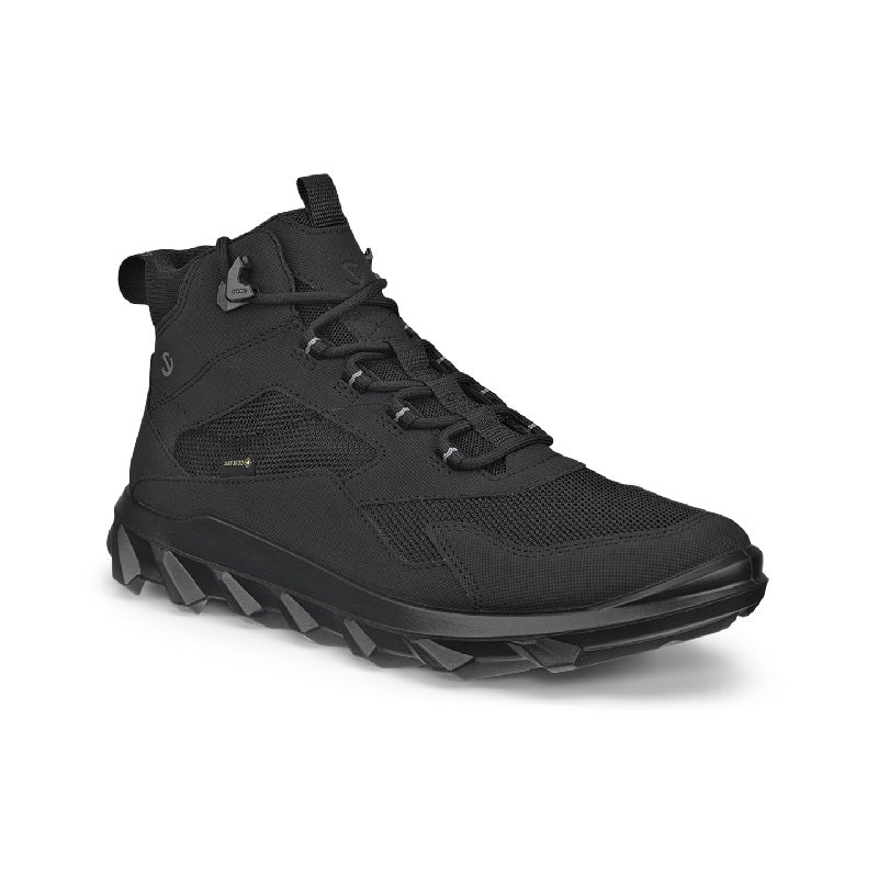 Black high-top hiking boots with lace-up front and rugged tread sole