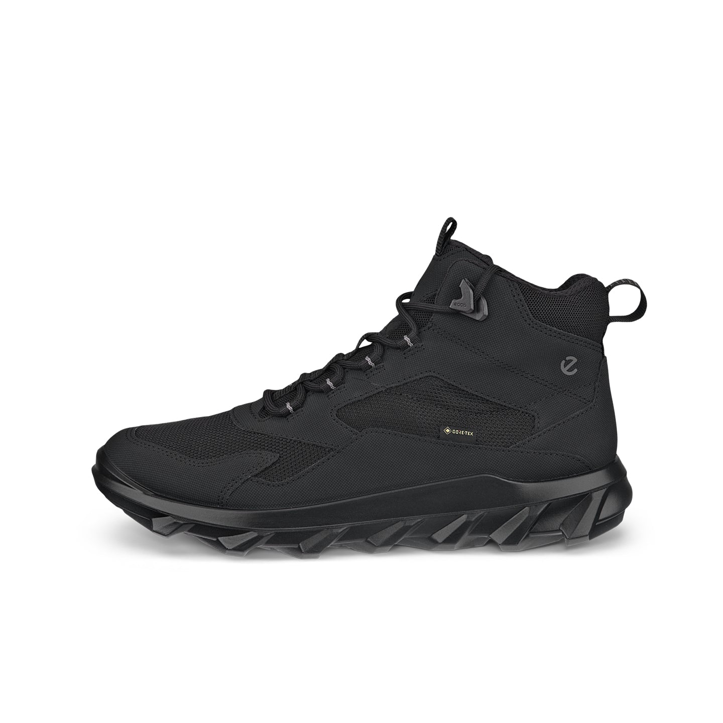 Black high-top waterproof-style boots with lace-up closure and side pull tab