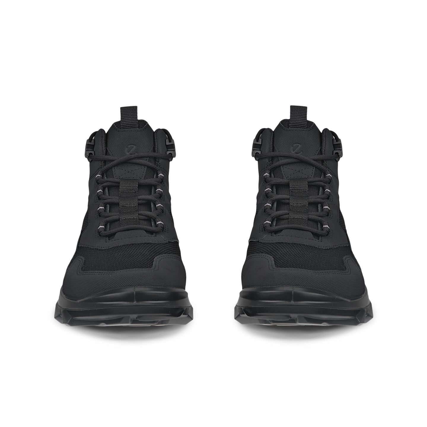 Black lace-up high-top boots shown from front and back with chunky outsole
