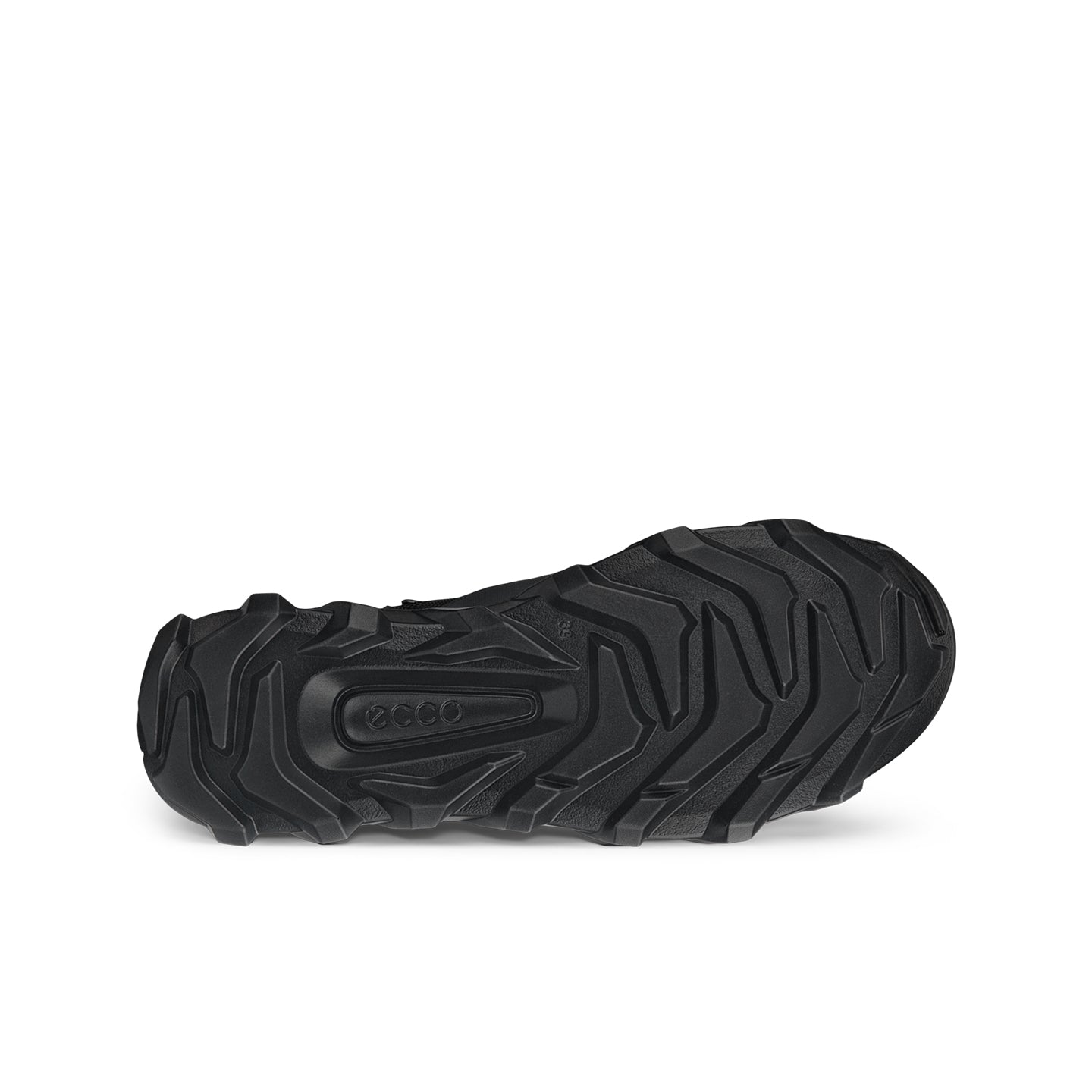 Black boot outsole with deep traction tread and ECCO logo patch