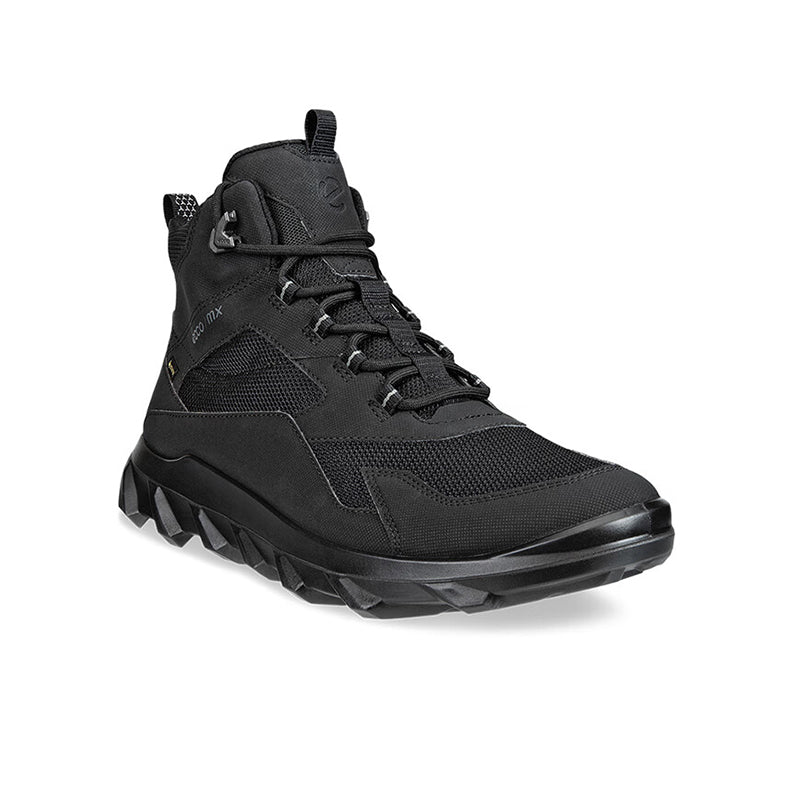 Black high-top lace-up sneaker with rugged tread outsole