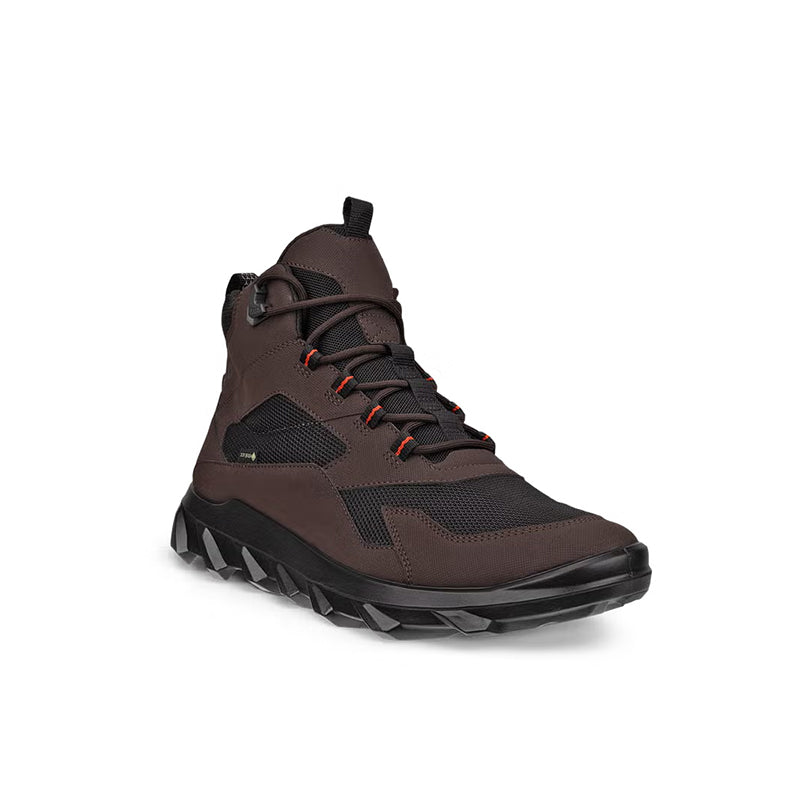 Dark brown high-top lace-up sneaker with rugged tread outsole