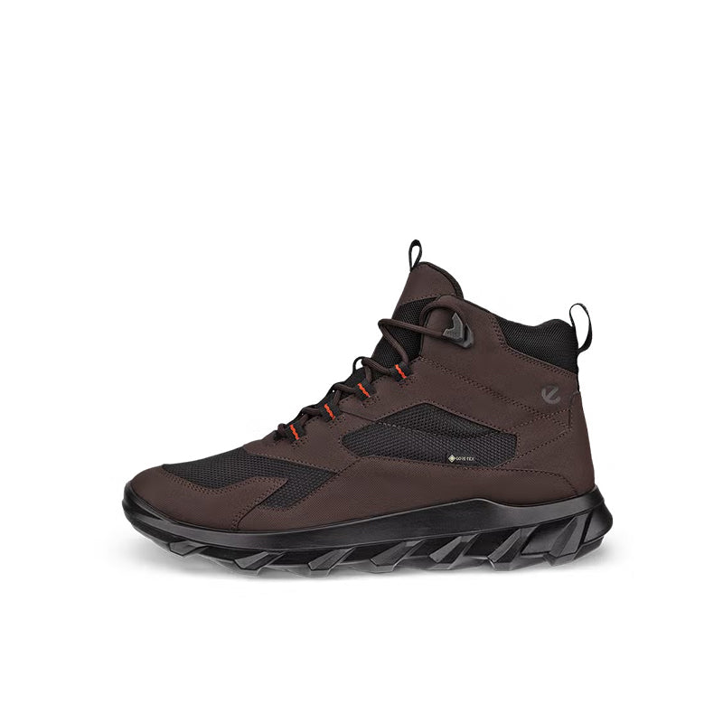 Brown high-top lace-up sneaker with padded collar and tread outsole