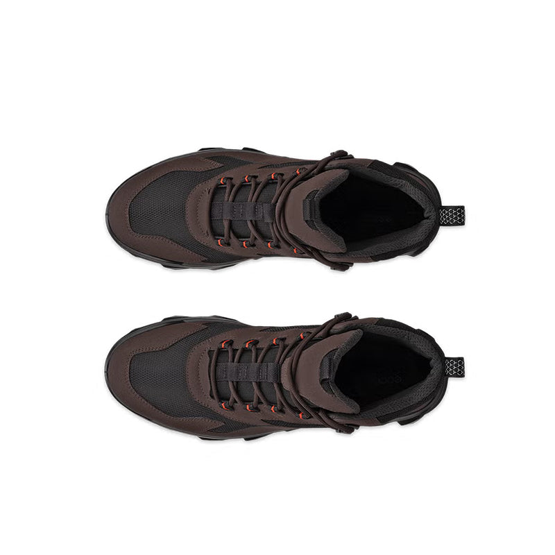 Brown lace-up high-top sneakers with black interior lining