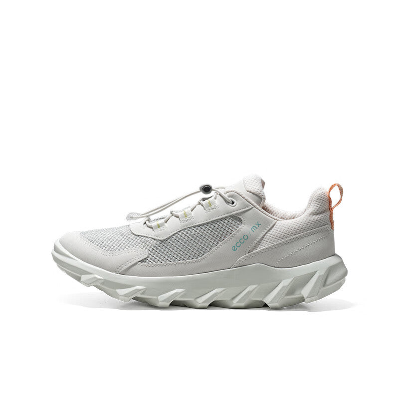 White women’s sneaker with mesh upper, lace-up front, and orange pull tab