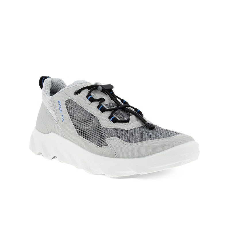 Light grey men's breathable lace-up sneaker with mesh upper and blue lace accents