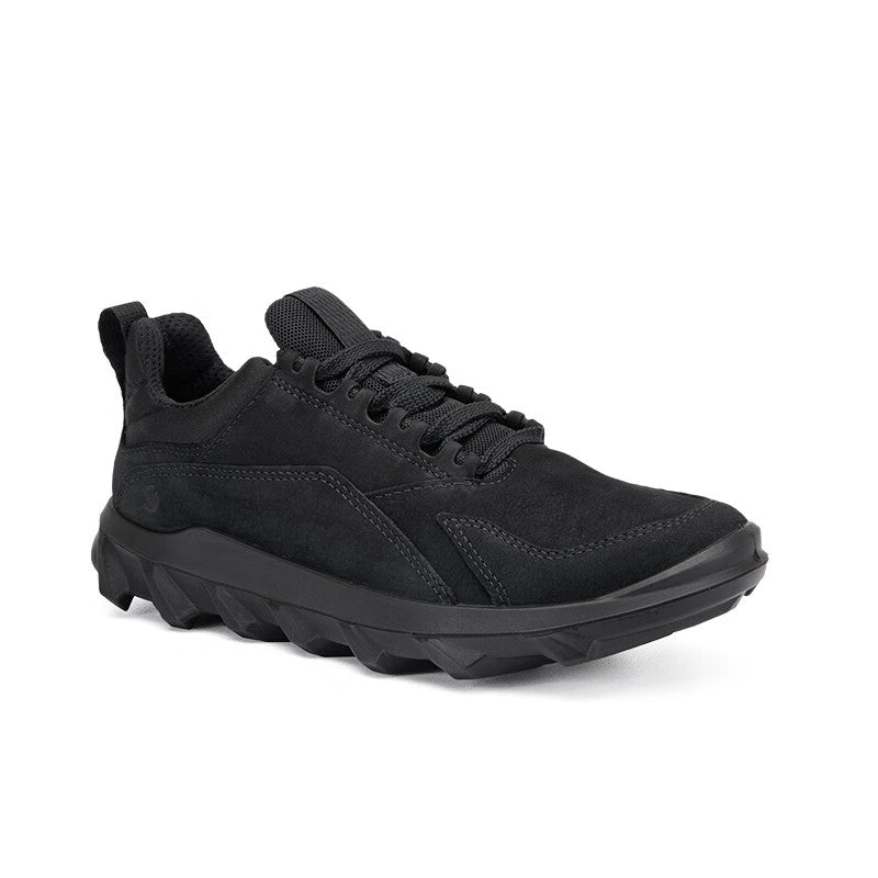 Women’s black nubuck low-top sneakers with lace-up closure and rugged tread sole