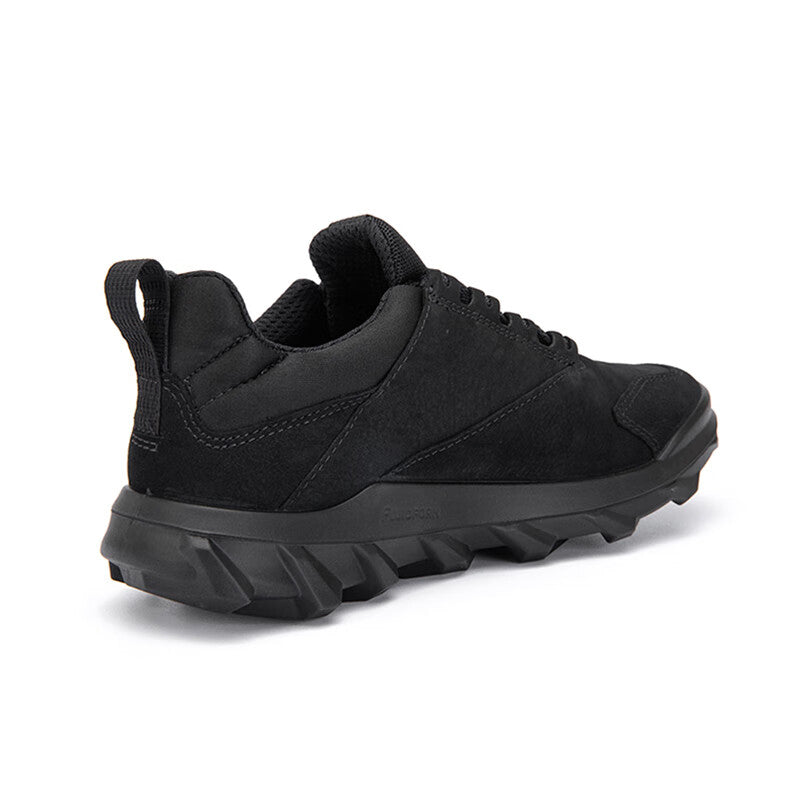 Women’s black lace-up sneaker with padded collar, side logo, and rugged outsole