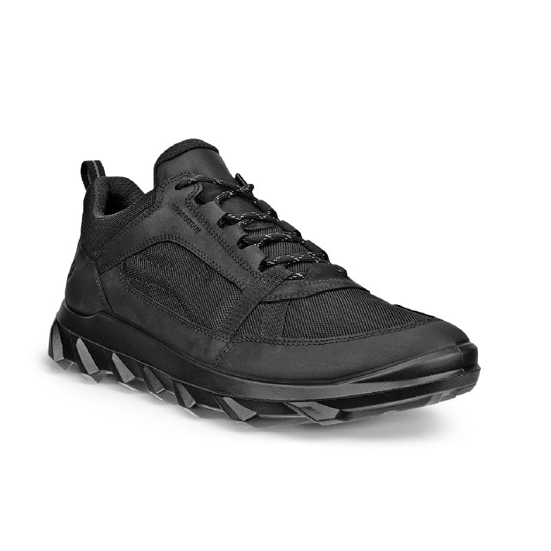 Men's black nubuck leather lace-up sneakers with rugged tread sole
