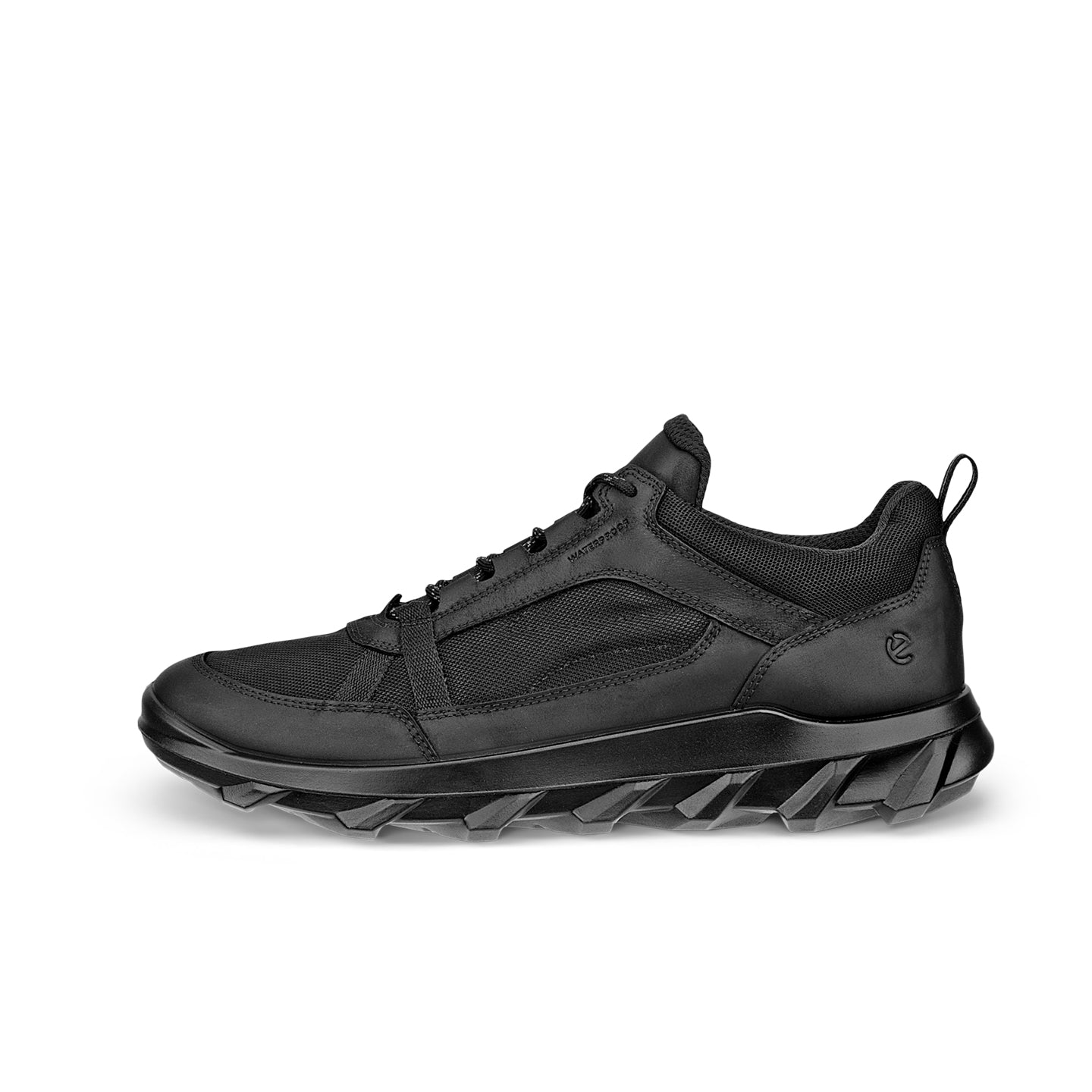 Men's black lace-up sneakers with side panel logo and rugged outsole