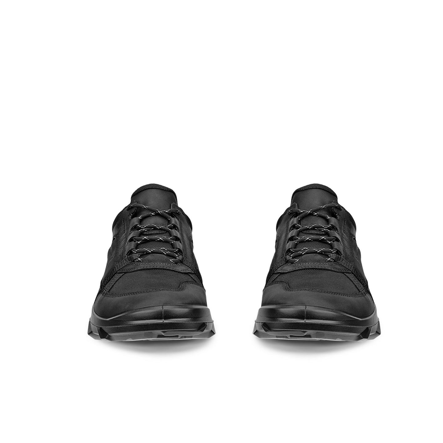 Pair of black lace-up sneakers with chunky outsole and padded collar