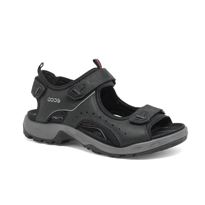 Men's black leather sandals with hook-and-loop straps and cushioned rubber sole