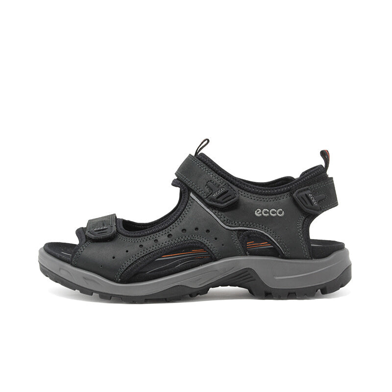 Men's black leather sandals with two adjustable straps, perforated upper, and grippy sole