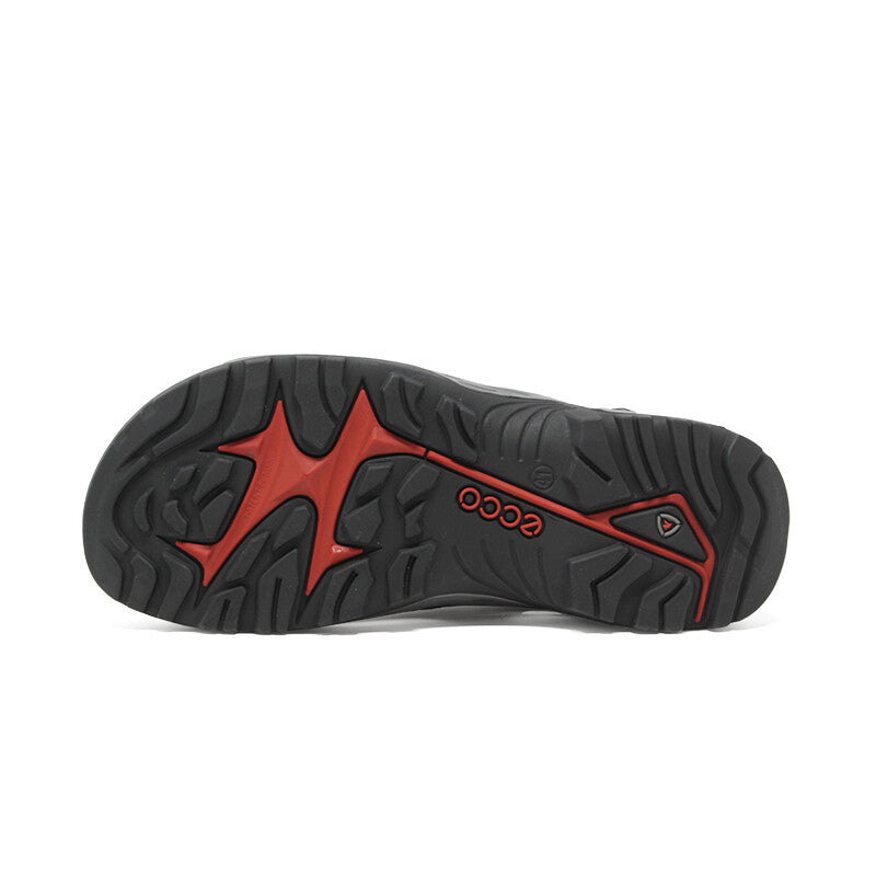 Sandal outsole with tread pattern and red ECCO branding on dark rubber sole