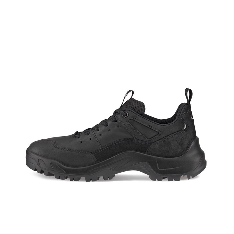 Men's black leather sneakers with lace-up front and thick lug sole, side view