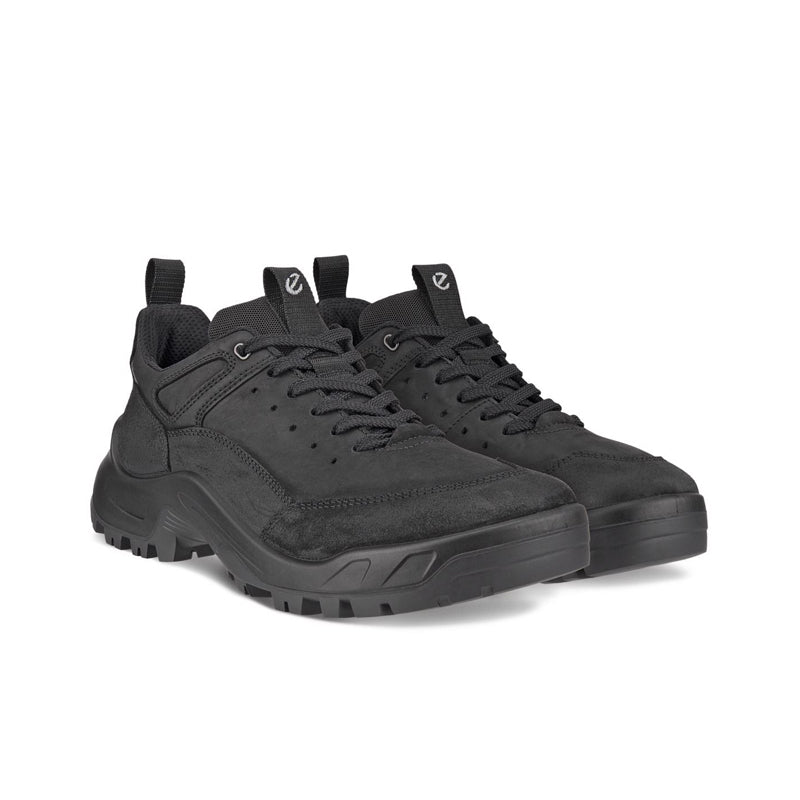 Pair of men's black leather trail sneakers with lace-up fronts and lug soles