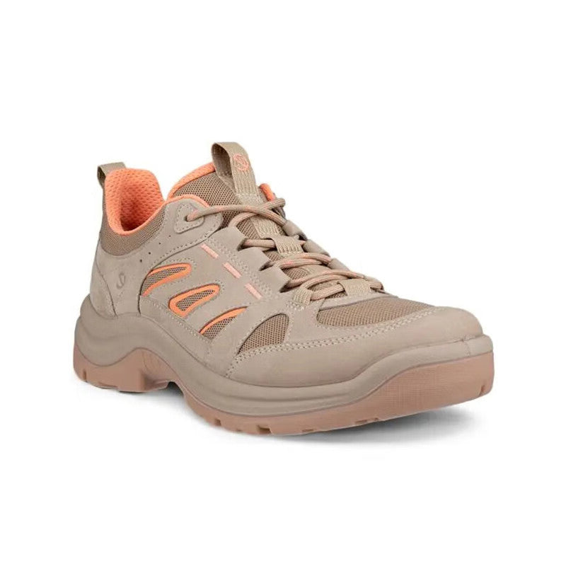 Beige lace-up women's sneaker with orange accents and chunky rubber sole