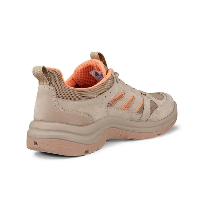 Beige lace-up women's sneaker heel view with orange collar lining