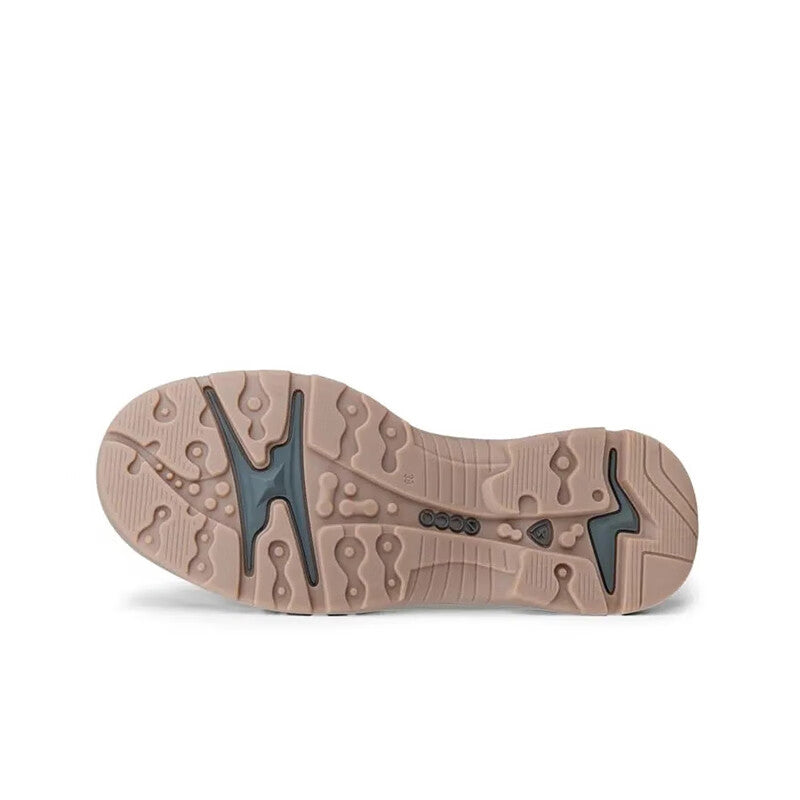 Beige sneaker outsole with rugged tread and blue heel logo
