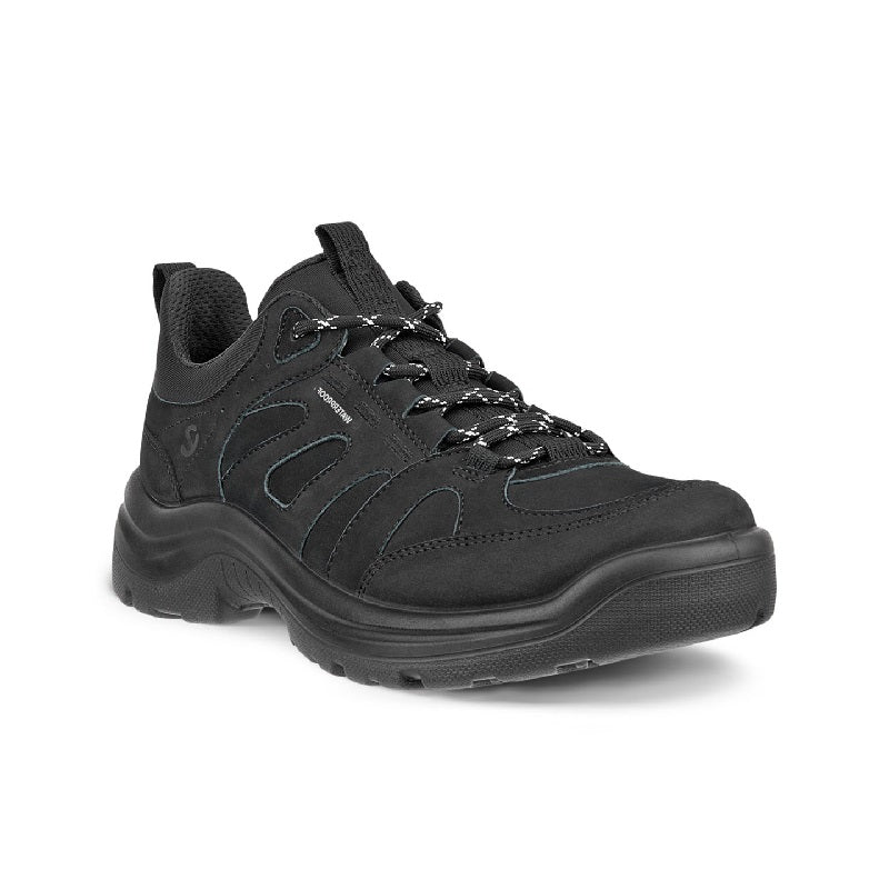 Black nubuck leather trail sneaker with lace-up front and chunky rubber sole
