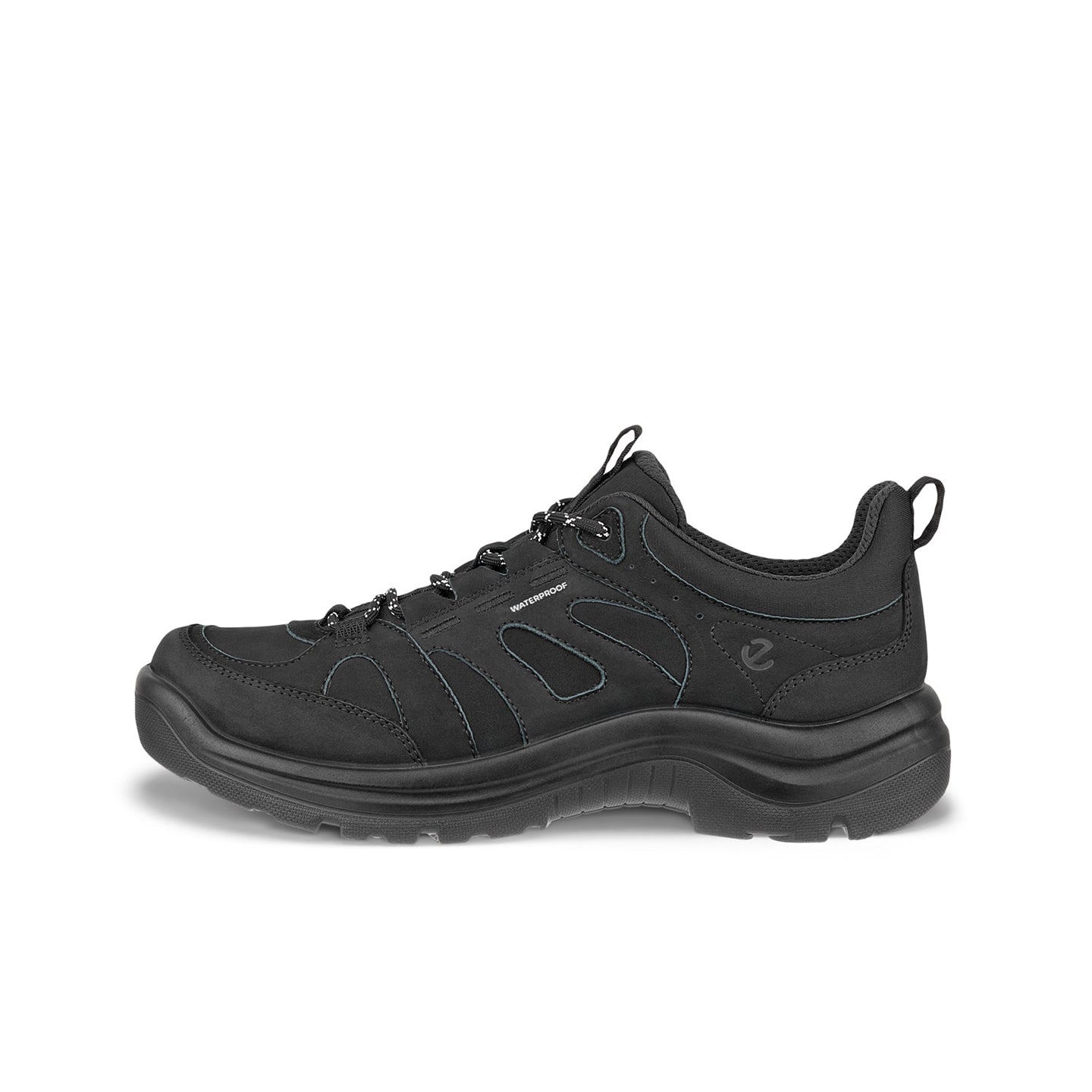 Black lace-up trail sneaker with cushioned collar and thick rubber midsole