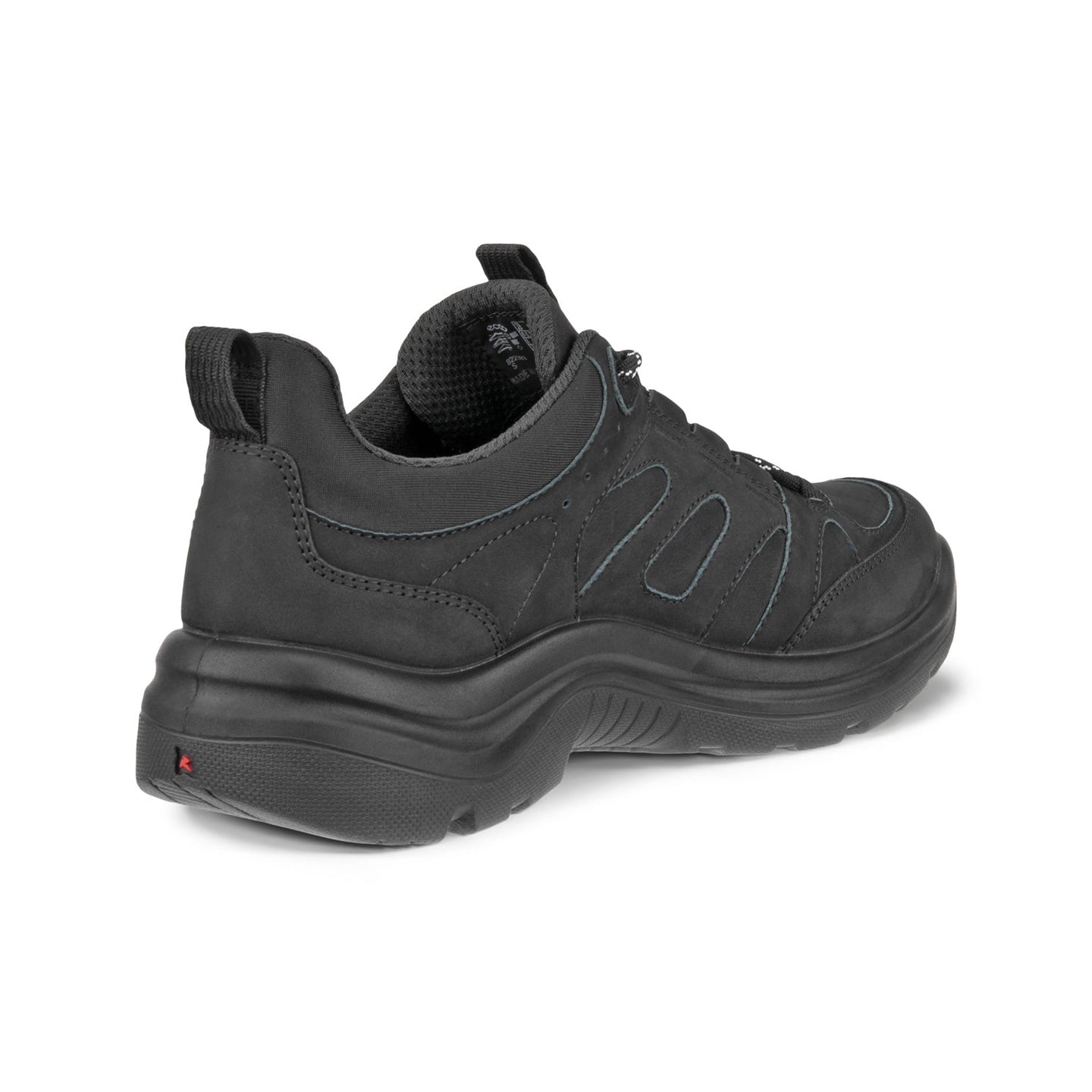 Black lace-up trail sneaker back view with padded collar and rugged outsole