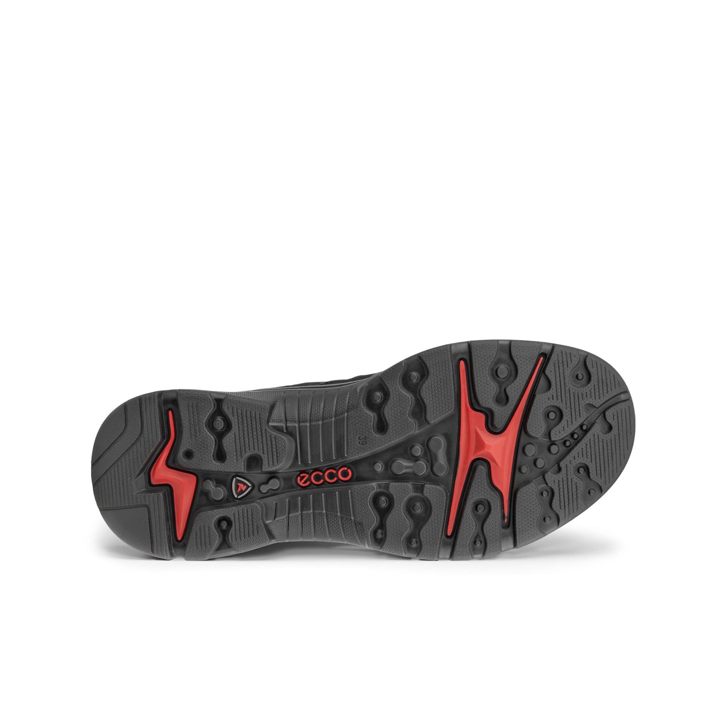 Black trail sneaker outsole with textured tread and red accent details