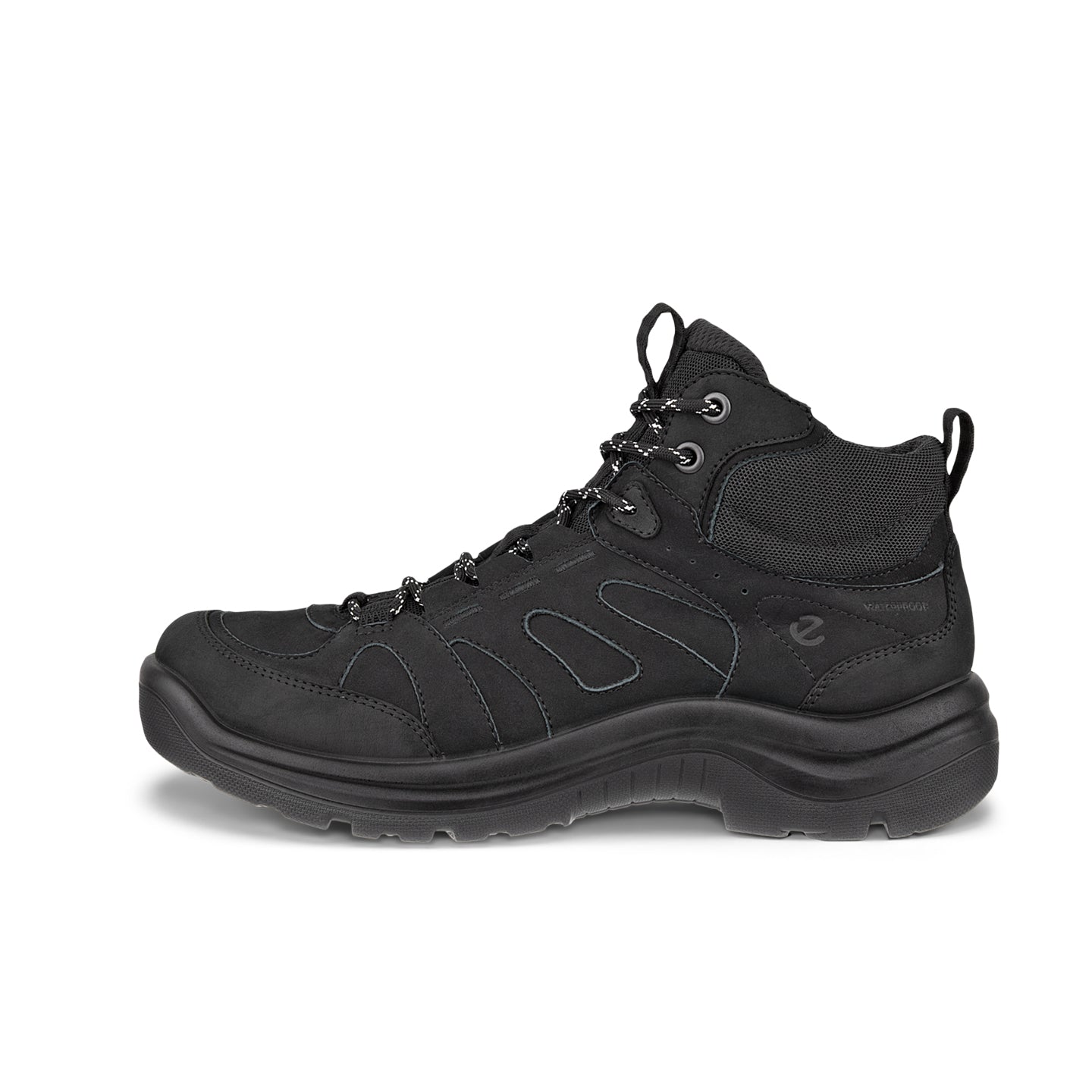 Women’s black leather lace-up lifestyle boot, side view with padded collar