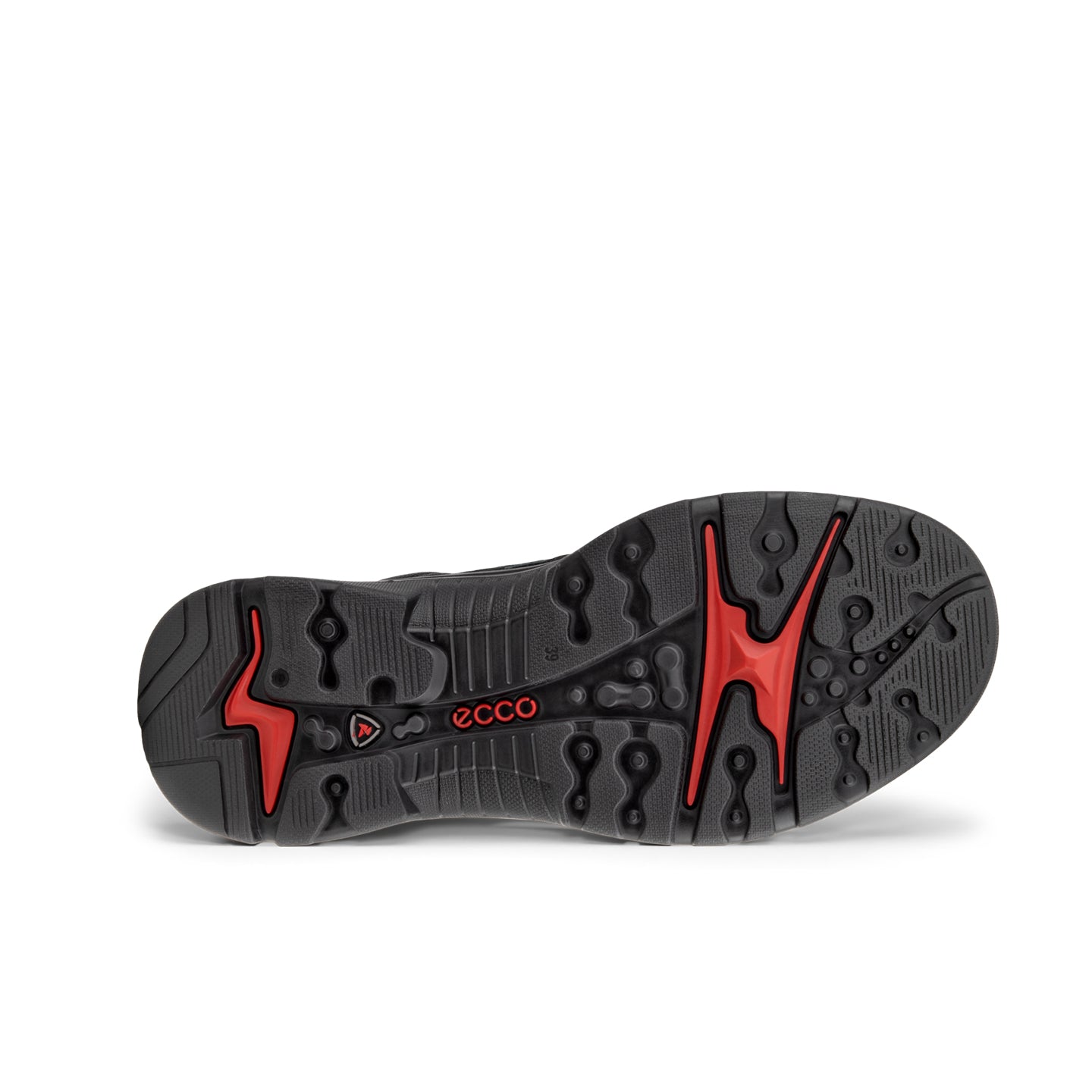 Women’s boot outsole with deep tread and red accent grip pattern