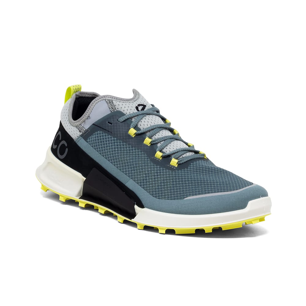Men's blue and gray trail sneakers with neon yellow outsole and lace-up front