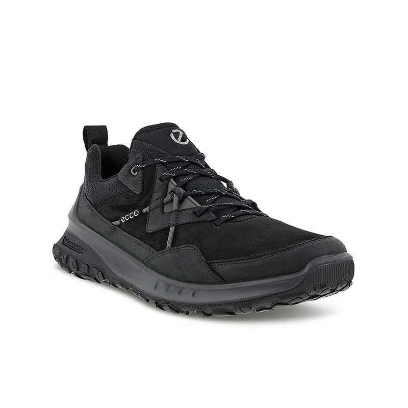 Men's black leather trail sneakers with lace-up closure and chunky rubber sole