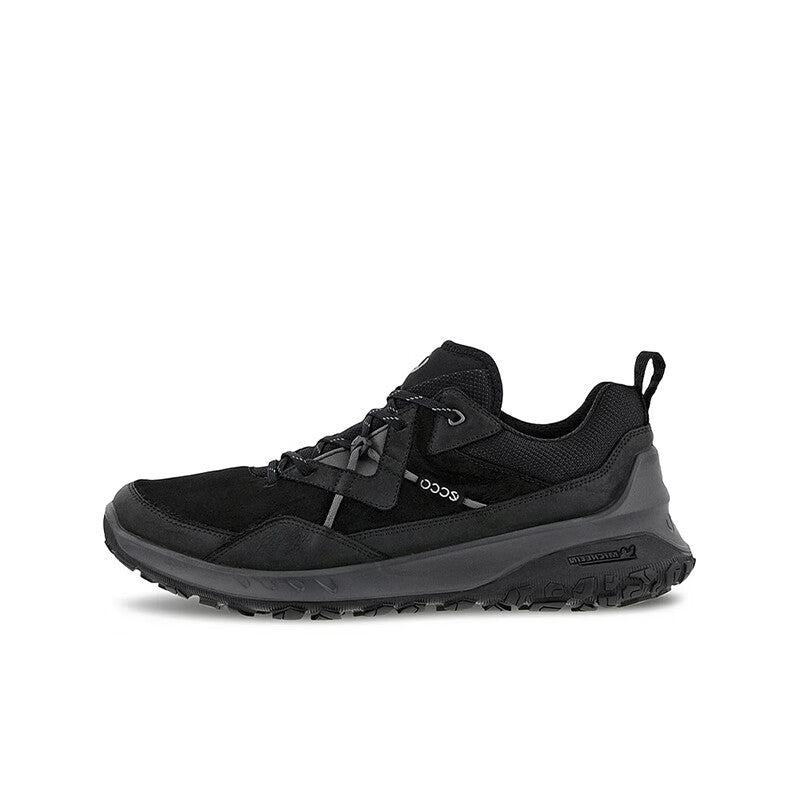 Men's black low-top sneakers with lace-up front and cushioned, rugged outsole