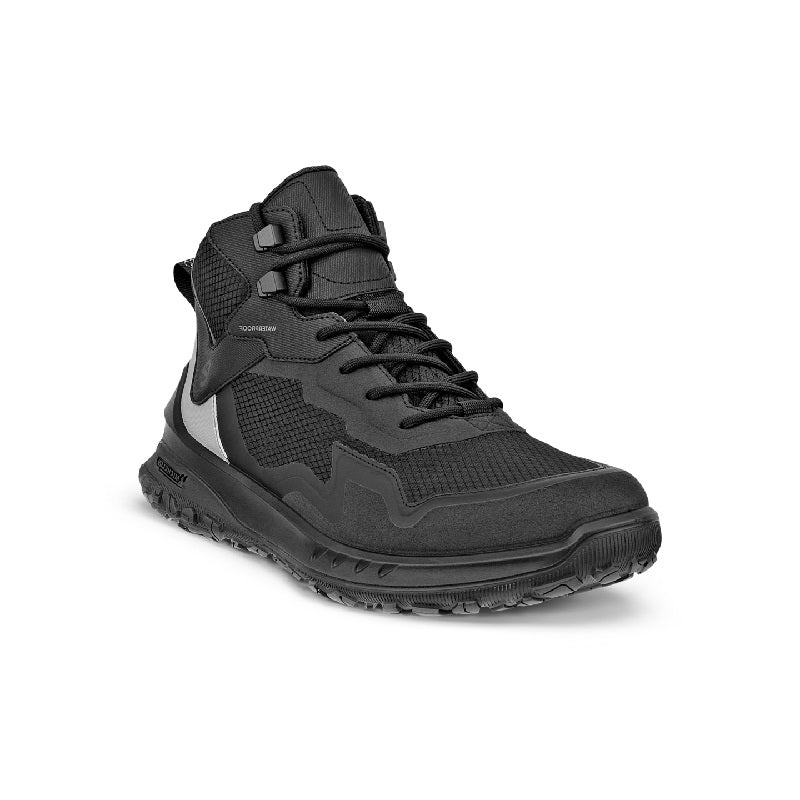 Black leather lifestyle boot with lace-up front, padded collar, and rugged tread sole