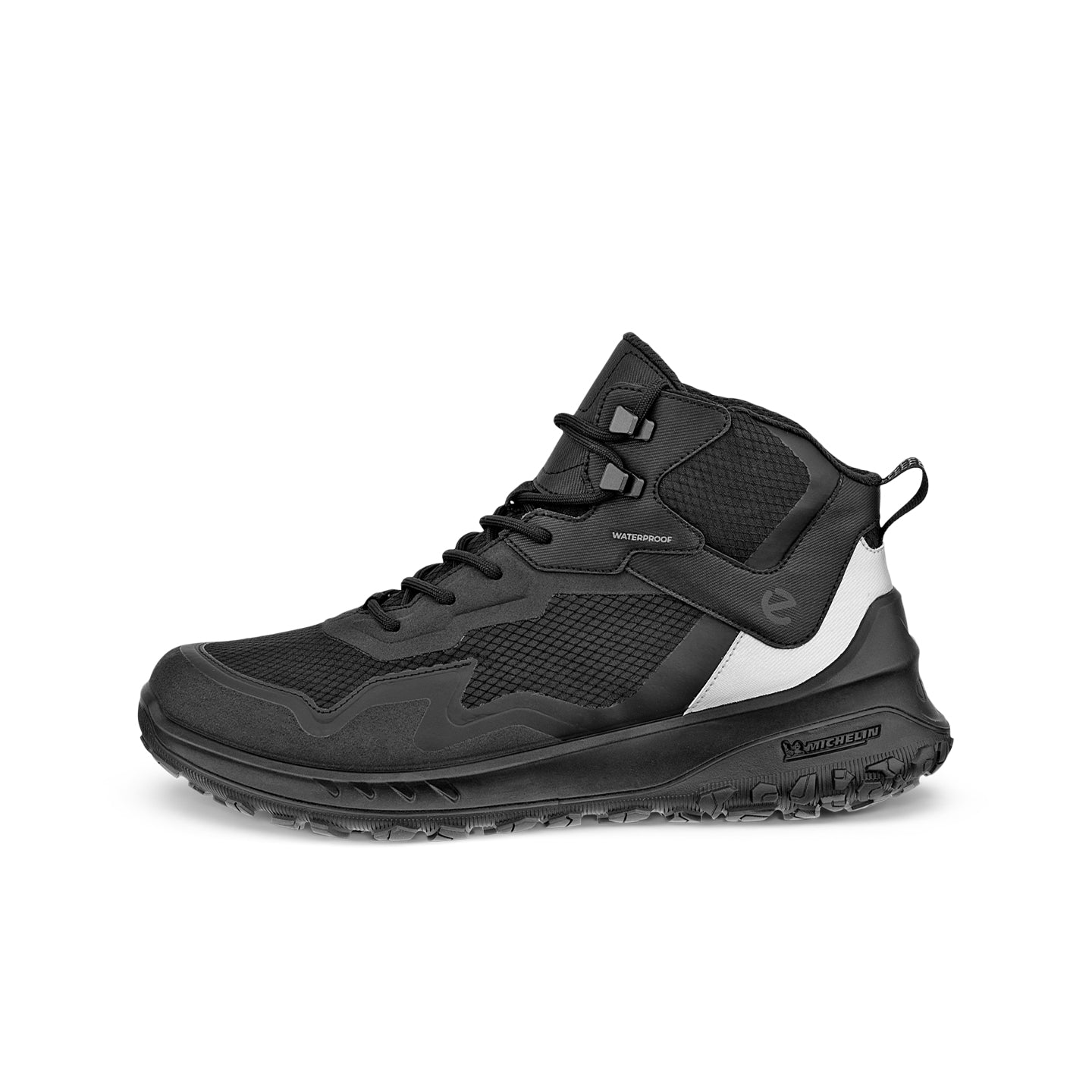 Black and white high-top boot sneaker with lace-up closure and rugged rubber sole