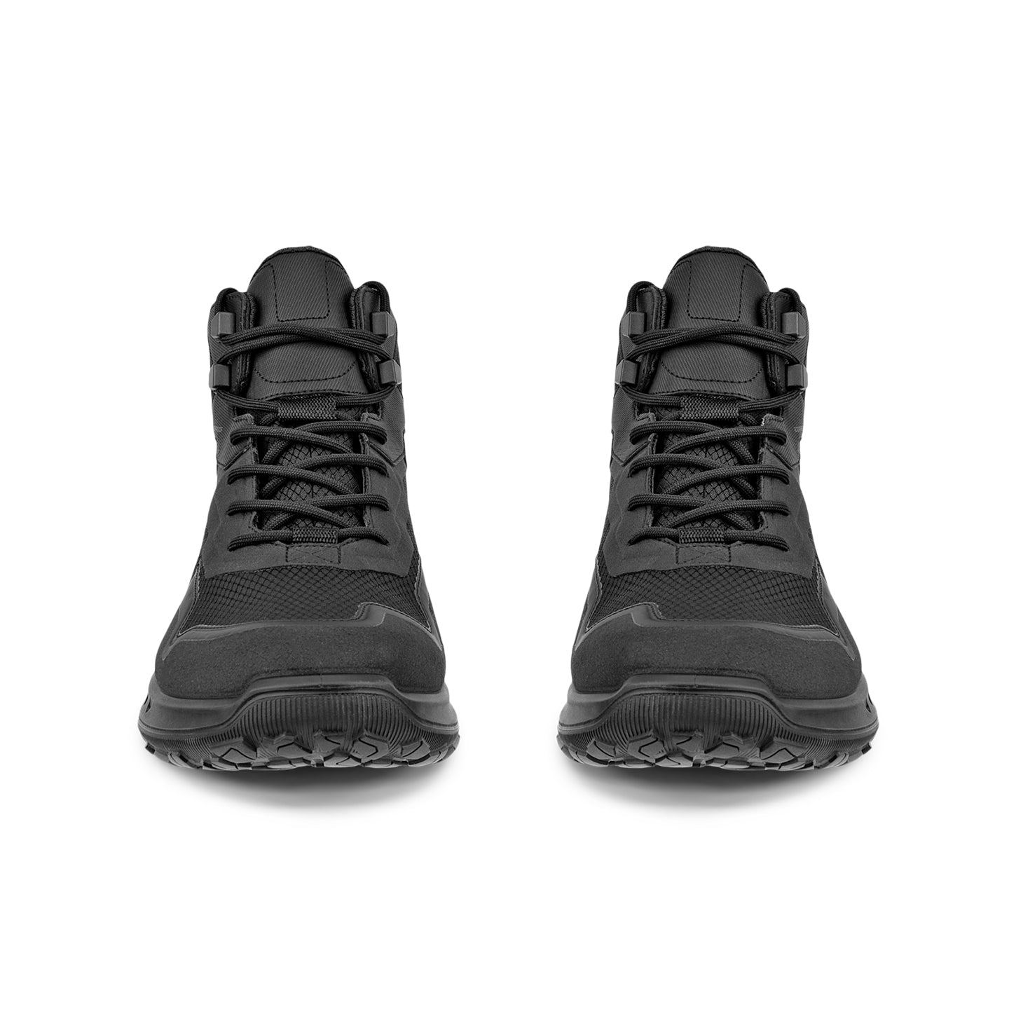 Pair of black lace-up boots with textured upper and chunky rubber outsole