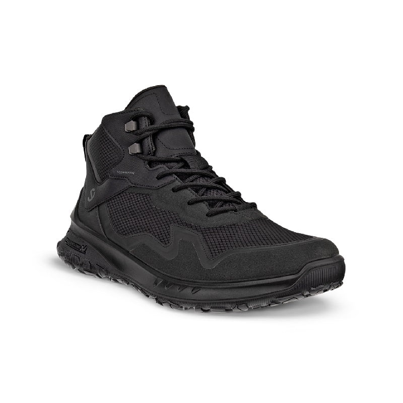 Men's black high-top leather sneakers with lace-up closure and cushioned sole