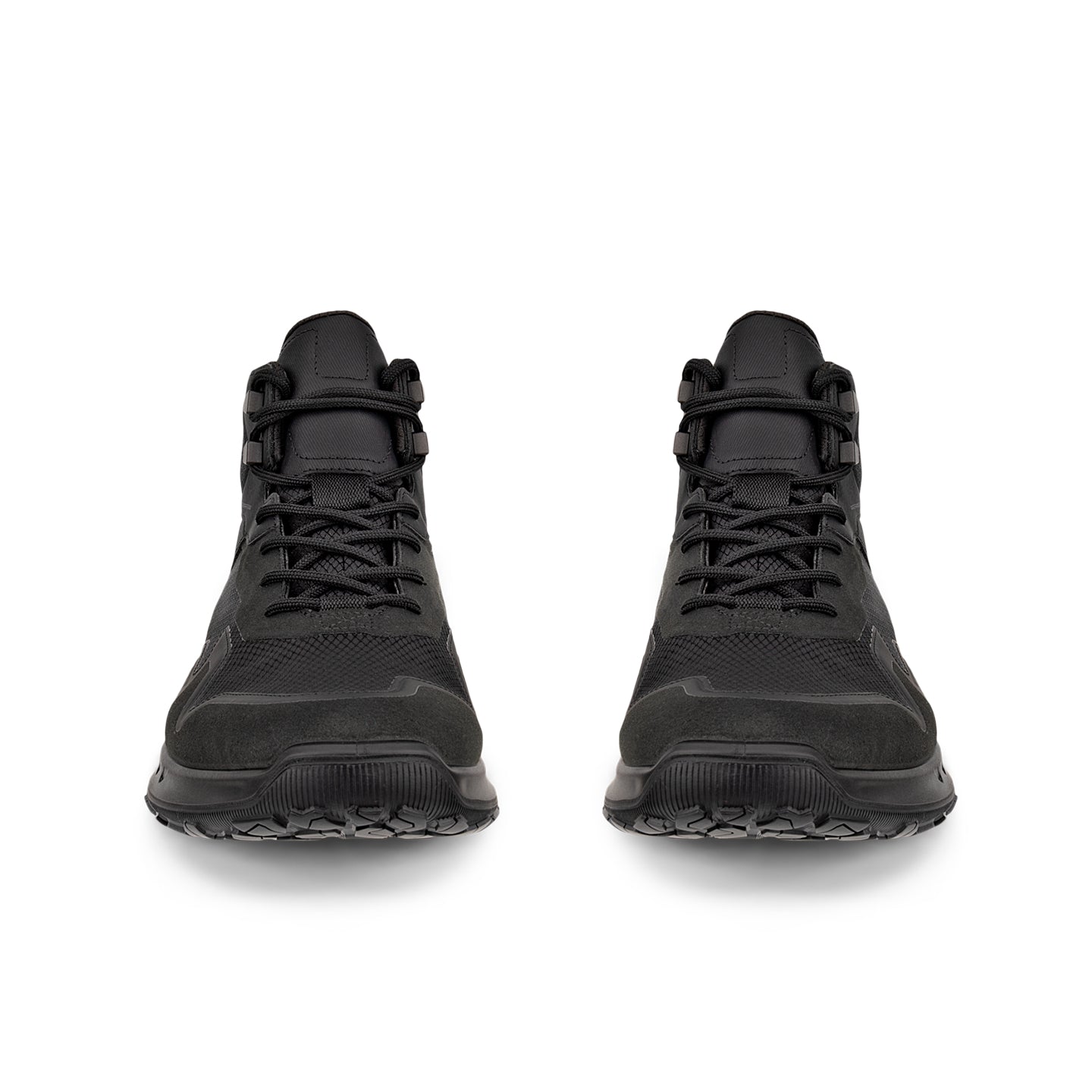 Pair of men's black lace-up sneakers with padded heel and thick rubber outsole