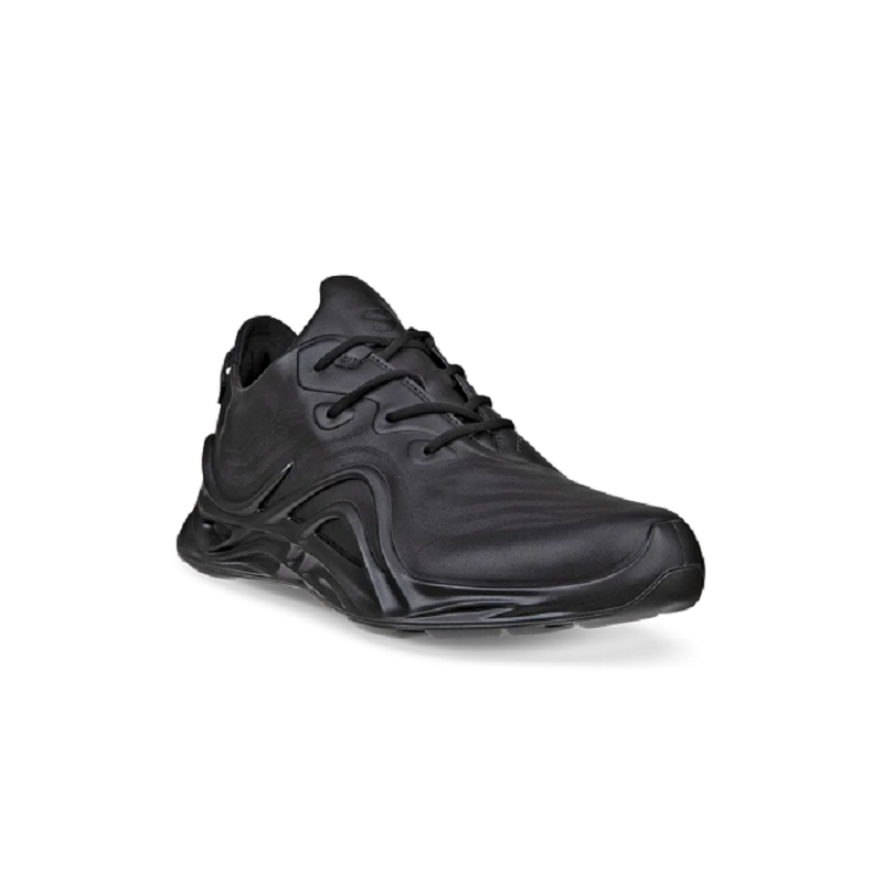 Men's black leather low-top sneaker with lace-up closure and chunky sole