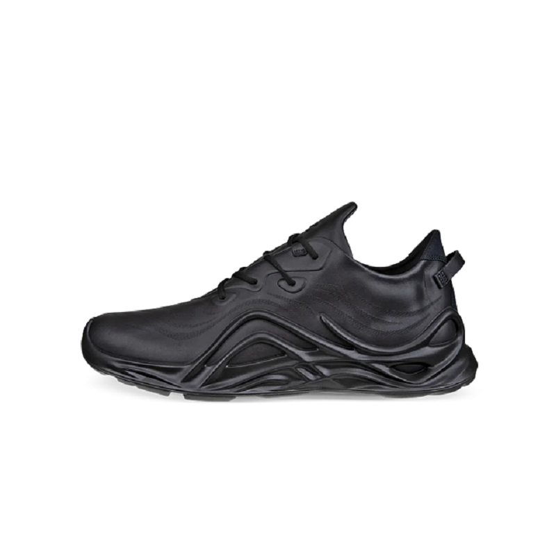 Men's black leather lace-up sneaker with sporty sculpted side panels and sole