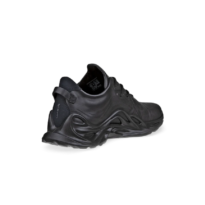 Men's black leather lace-up sneaker heel view with padded collar and sole