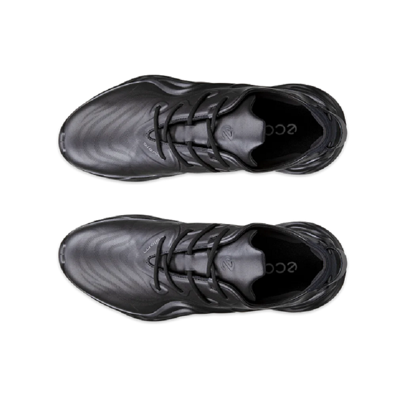 Pair of black leather lace-up sneakers showing textured upper and tread sole