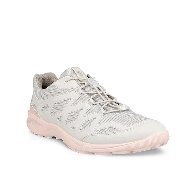Light grey women's lace-up sneakers with padded collar and pink rubber outsole
