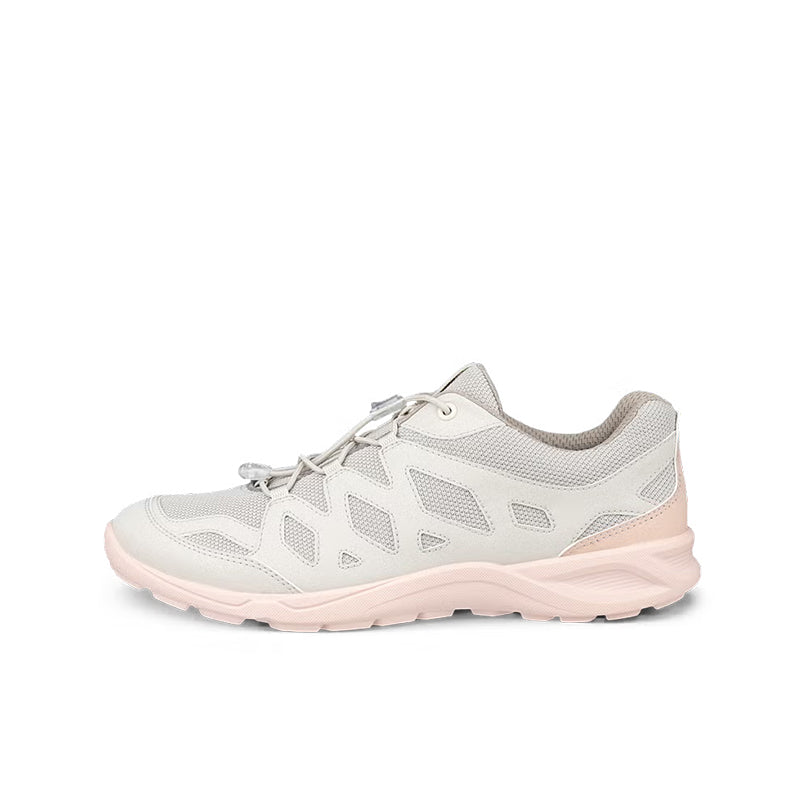 Light grey women's lace-up sneakers with perforated paneling and pink sole trim