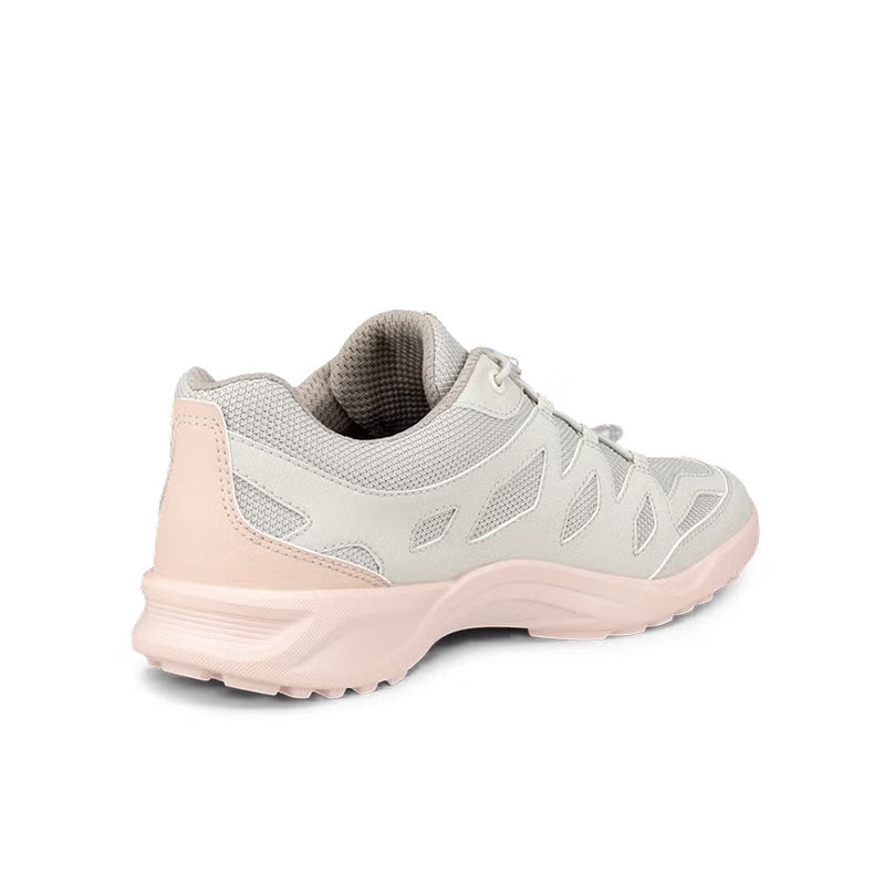 Light grey women's sneakers with side panel overlays, padded heel, and pink midsole
