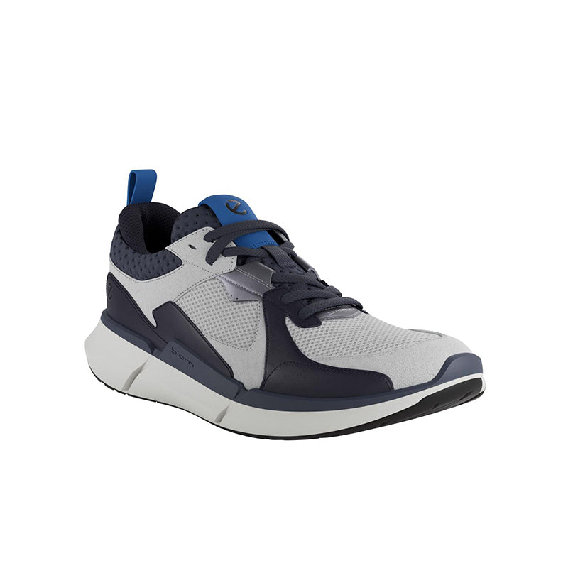 Men's ECCO suede sneakers with light gray and black uppers, blue laces, cushioned sole